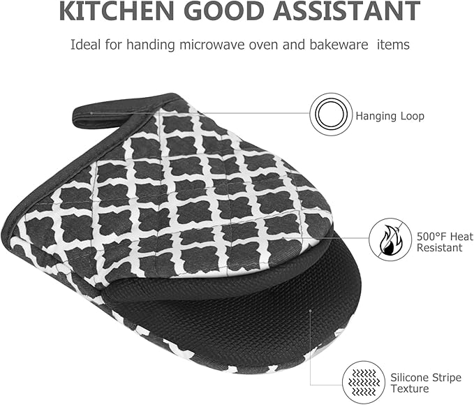Short Oven Mitts, Heat Resistant 500°F, Silicone Grip Kitchen Gloves, Non-Slip for Baking, Grilling, BBQ, Machine Washable with Hanging Loop, 2-Pack Set, White Checkered Pattern