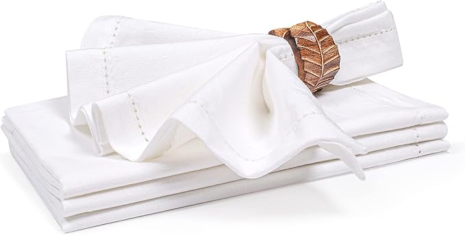 Ramanta Home Decorative Cloth Dinner Napkins Set of 4, 20x20 Inch White Hemstitched Flax Cotton Napkins with Mitered Corners, Oversized Use, Parties, Weddings, Spring, Easter Cloth Napkins