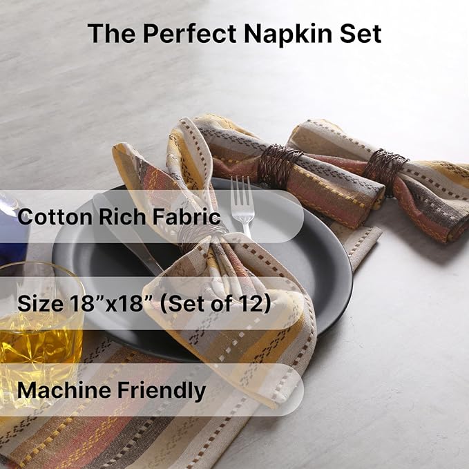 LFH Home Cotton Rich Cloth Salsa Napkin Set of 12 Washable Soft Durable Striped Napkins for Dining Wedding Daily Use Reusable Eco-Friendly Fabric Napkins (18x18)-Natural Thanks Giving