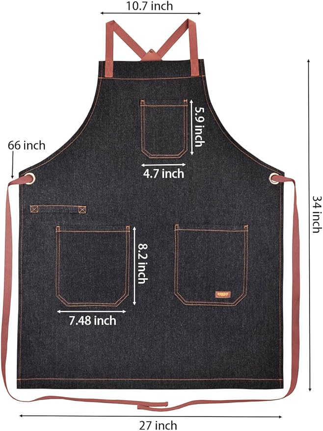 Cooking Apron with Pockets Mens Womens Professional Kitchen Bib Apron for Chef Grill BBQ (Black Denim with Cross Back Straps)