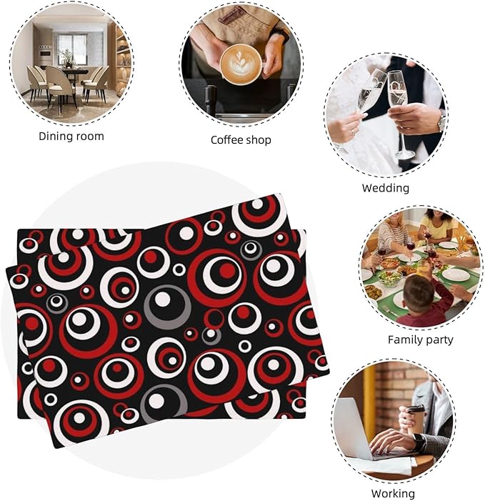 Set of 4 Modern Geometric Black Red and White Circles Patterned Linen Placemats, 12 x 18 Inch Non-Slip Heat Resistant Abstract Art Red Black Table Mats for Kitchen Home Party Dining Table, Home Decor