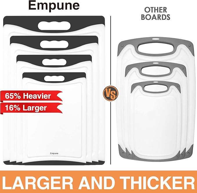 Empune Extra Large Cutting Boards, Plastic Cutting Boards for Kitchen (Set of 4) Cutting Board Set Dishwasher Safe Chopping Board with Juice Grooves Easy-Grip Handles, Black