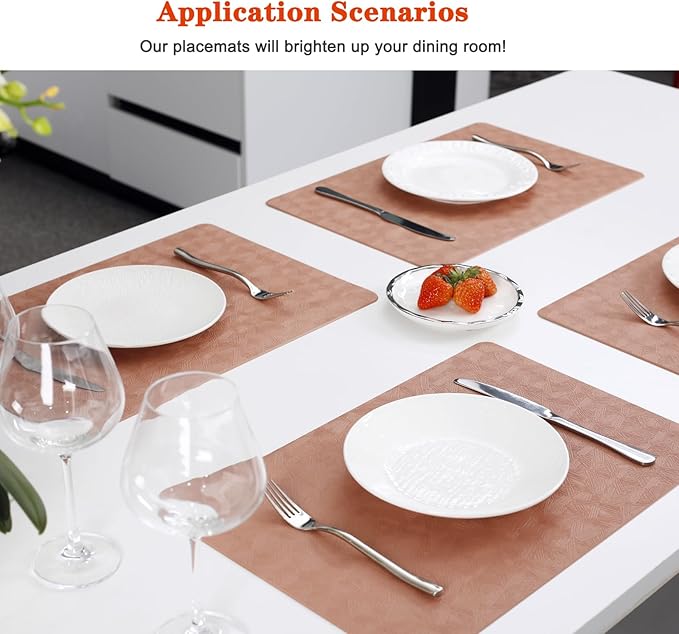 Vinyl Placemats Set of 4 Heat Resistant Easy Clean Non-Slip Place Mats for Dining Table. Faux Leather Waterproof Stain Resistant Wipeable Washable PU Table Mats(4, Coral)