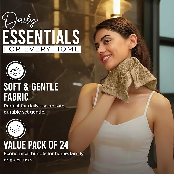 RIVERSIDE Pack of 24 Wash Cloths for Showering, 12 x 12 Inches, Super Soft & Absorbent, 100% Cotton Washcloths Premium Quality Flannel Face Cloths for Bathroom, Gym, Spa (Tan, 24 Pack)