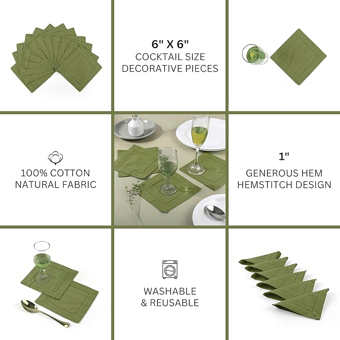 FINGERCRAFT Cocktail Napkins 6 x 6 Inch Premium Quality Cotton, Generous Hemstitch and Mitered Corner Set of 12 Coaster Cloth Olive Green