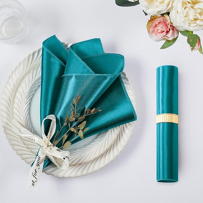 KKJIAF Dark Teal Silky Satin Napkins (12 Pack, 17x17 Inches),Washable Polyester Square Table Napkins for Wedding Dinner Party Decoration