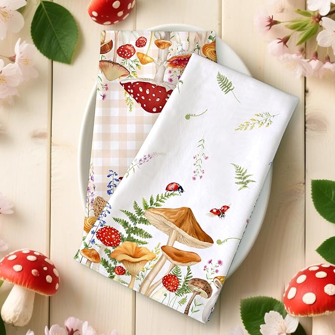 Spring Summer Mushroom Tea Towels, Cotton Kitchen Towel 18.9 × 27.5 inch, Quick Drying Dish Cloth for Party Anniversary Holiday Decoration, Housewarming Gifts for Mom