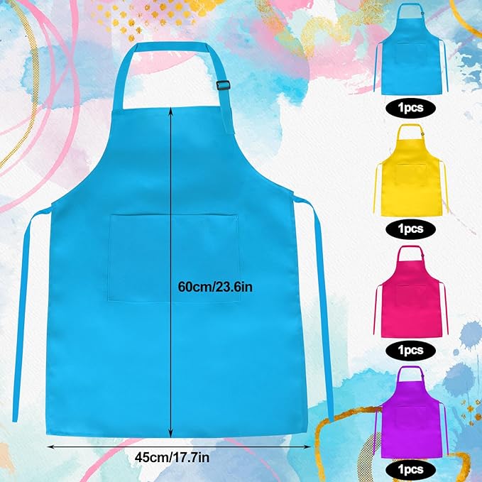 PLULON 4 Pcs Kids Aprons with 2 Pockets Painting Aprons for Kids Aprons Bulk, Paint Apron Adjustable Children Chef Aprons for Girls Boys Painting Baking Cooking Crafting - 4 Colors