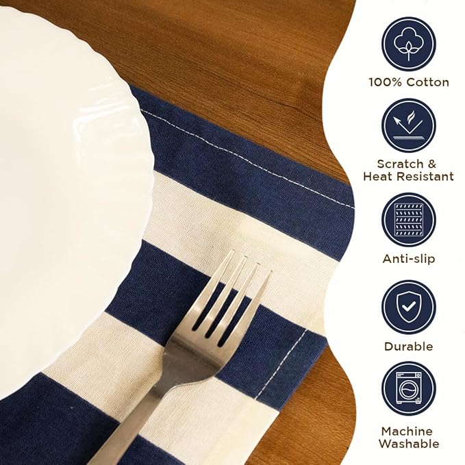Folkulture Placemats Set of 4 (13 x 18) | 100% Cotton,Cute, Heat Resistant,Machine Washable Striped Place Mats | Blue & White Rectangular Cloth Table Placemats or Dining Table Mats for Dinner Party