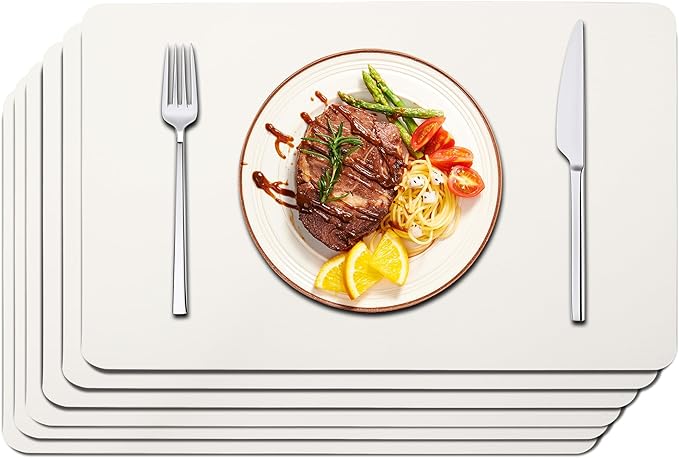 Maxpearl Faux Leather Placemats Set of 6 - Waterproof - Wipe Clean - Heat Resistant - Anti Slip Dining Table Place Mats, Suitable for Indoor & Outdoor Use, 17’’x12’’, Ivory White