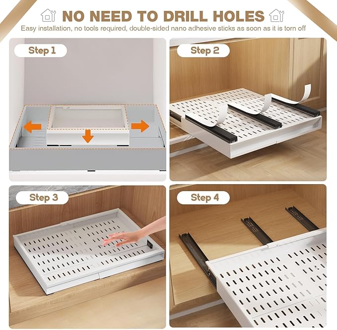 Seinloes 2 Pack Pull Out Cabinet Organizer With Raising Pad for Framed Cabinets,Expandable Width (11"-16") and Depth (17"-24"),3 Slide Rails Slide Out Drawers with Handle,No-Drill Roll Out Shelf,White