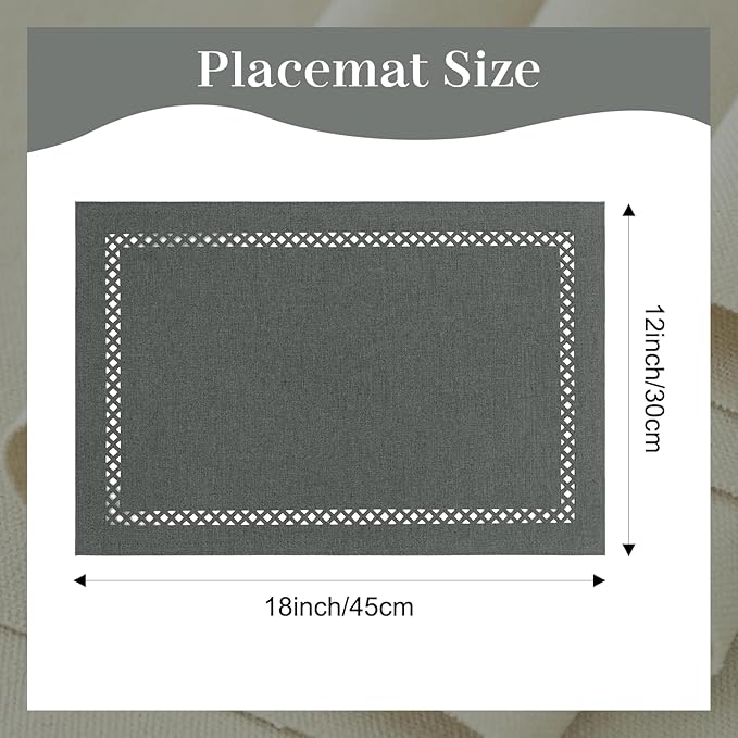Linen Cloth Placemats Set of 4, HADEEONG 12 x 18 Inch Hollow Edge Place Mats Washable Heat Resistant Placemats Cloth Table Mats for Dining Table Home Decor (Dark Grey, 4)
