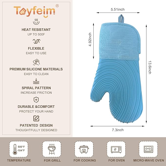 Silicone Oven Mitts-13.6 in Extended Oven Mitts Heat Resistant 500F, Oven Gloves with Soft Liner Good Grippy BPA-Free Easy to Clean Flexible-Oven Mits Set for Cooking Baking Grilling BBQ