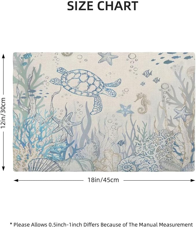 Nautical Coastal Placemats 12x18 Inch Set of 6, Turtle Coral Starfish Seashell Ocean Themed Table Place Mat Beach Coastal Washable Table Mats Decorative Linen Fabric Table Mat for Dining Table