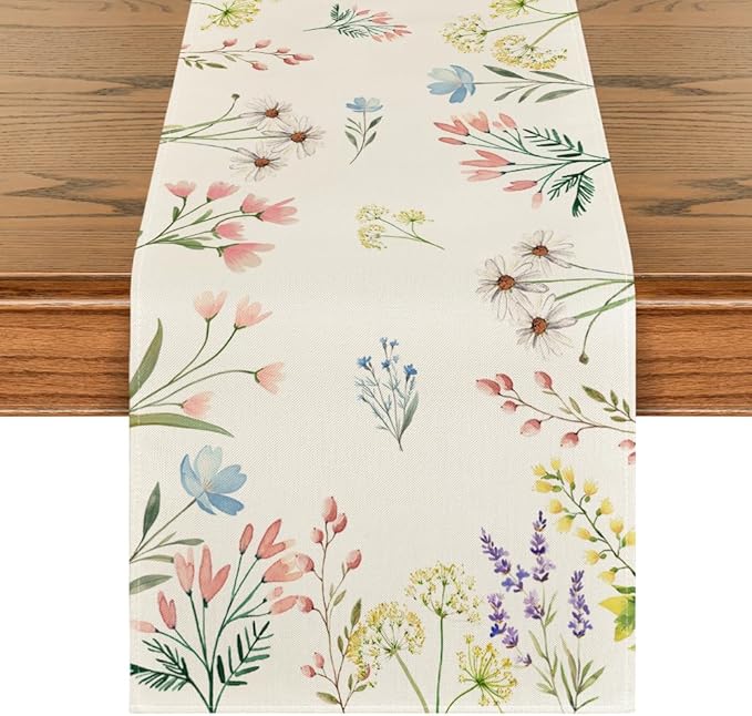 Artoid Mode Flowers Floral Summer Table Runner, Seasonal Spring Fall Kitchen Dining Table Decoration for Home Party 13x72 Inch