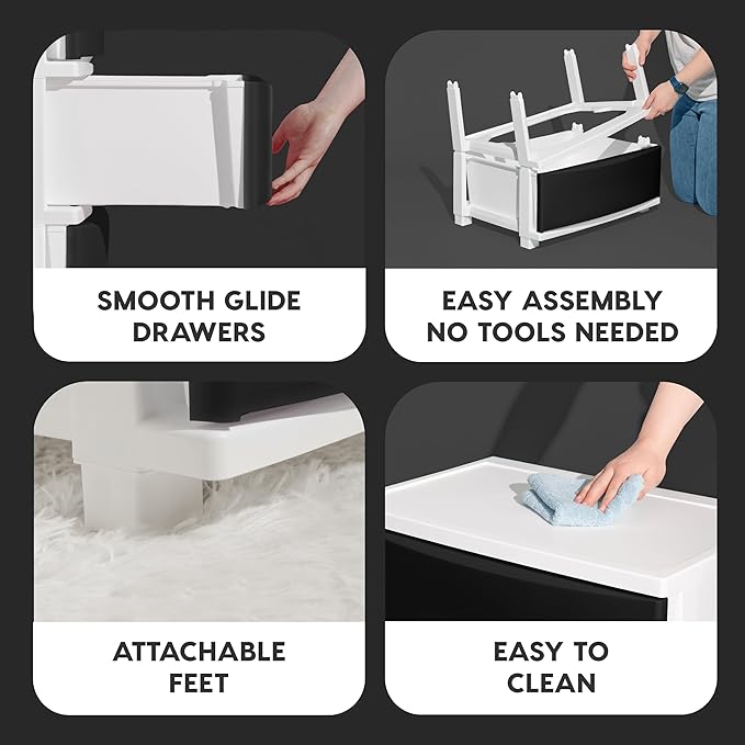 IRIS USA Plastic Drawer Storage Organizer, 4-Drawers, for Classroom Art Supplies Bathroom Dorm Bedroom Laundry Room, Wide, White Frame with Matte Black Front Panels