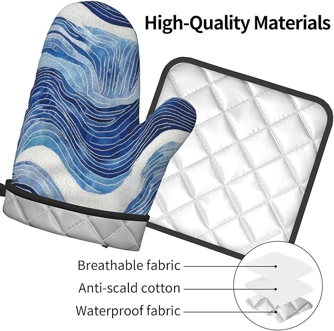 Blue and White Ocean Wave Oven Mitts and Pot Holders Sets of 3, Heat Resistant Non-Slip Washable Coastal Blue White Kitchen Gloves Hot Pads Gift for Baking Cooking Grilling Enthusiasts, Kitchen Decor