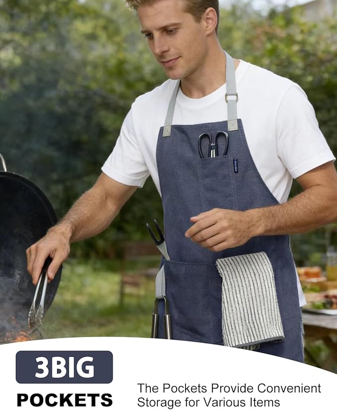 Womens Apron With Pockets Adjustable Shoulder Strap,Apron For Men 38.5" Extra-Long Straps Fit More Body Types,Chef Apron For Kitchen Garden Barbecue Woodworking. (Light Blue)