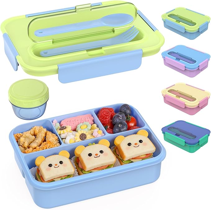 Caperci 50oz Larger Bento Box for Kids - Reinforced Leakproof Lunch Box Containers for Kids, Built-in Sauce Cup, Utensils, 4 Compartments, BPA-Free Microwave & Dishwasher Safe (Lime/Blue)