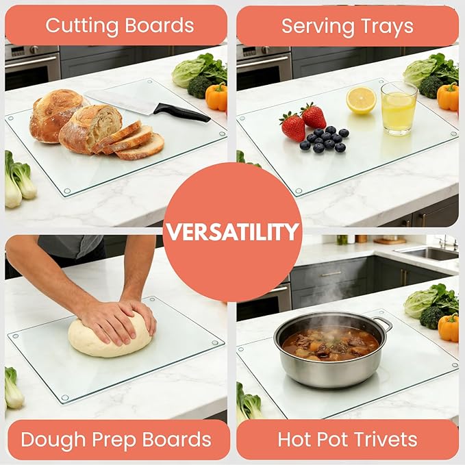 Hacaroa 4 Pack Tempered Glass Cutting Board with Rubber Feet, Rectangle Non-slip Chopping Board, Long Lasting Clear Glass Tray for Kitchen Countertop, Table, Shatter-Resistant, Heat-Resistant, 2 Size