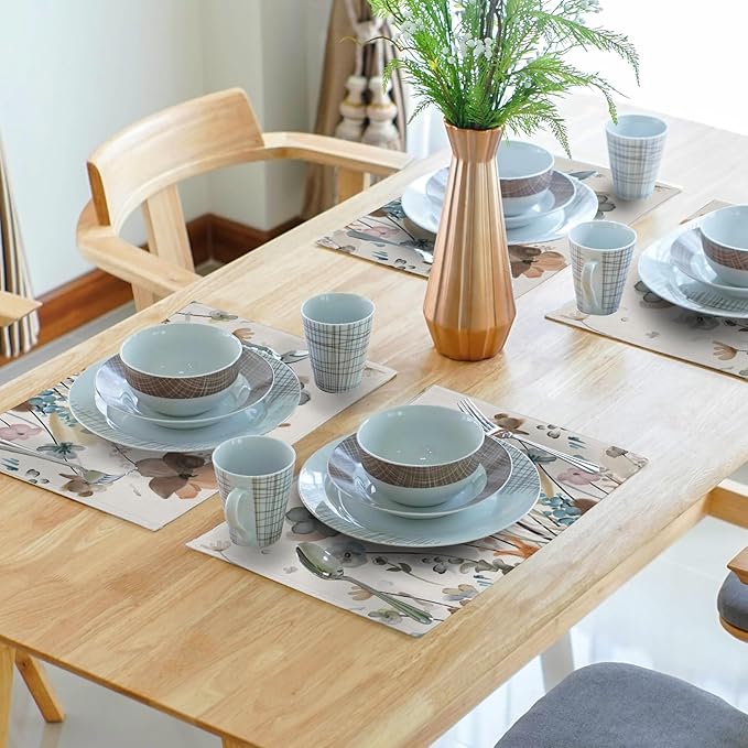 Brown Cream Grey Teal Floral Placemats Set of 4 Watercolor Flowers Place Mats Washable Dining Rustic Abstract Floral Farmhouse Linen Table Mats Stain Heat-Resistant Cloth Table Mat Decor 12x18 in