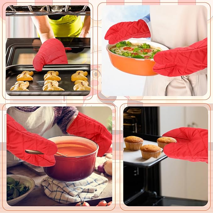 6 Pairs Heat Resistant Oven Mitts Kitchen Oven Gloves 11 Inch Long Quilted Cotton Polyester Kitchen Gloves for Cooking, Baking, Grilling BBQ (Red)