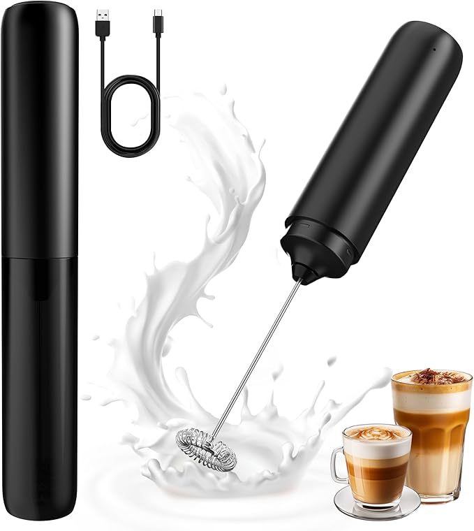 Rechargeable Milk Frother, Handheld Coffee Frother Wand Drink Mixer with Cover, Electric Whisk Coffee Mixer for Matcha Lattes Cappuccino Hot Chocolate