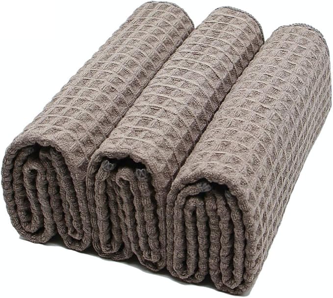 Waffle Weave Thick Microfiber Dish Drying Towels Absorbent Tea & Hand Towel Lint Free 16x24 Inch 3 Pack Gray