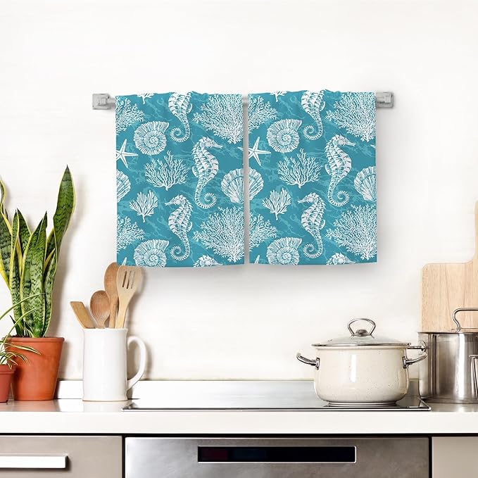 Teal Green Kitchen Towels Decorative Set Set of 2 Absorbent Dish Towels for Kitchen Bathroom Farmhouse Home Decor (Seahorse Corals, 16x24 Inch)