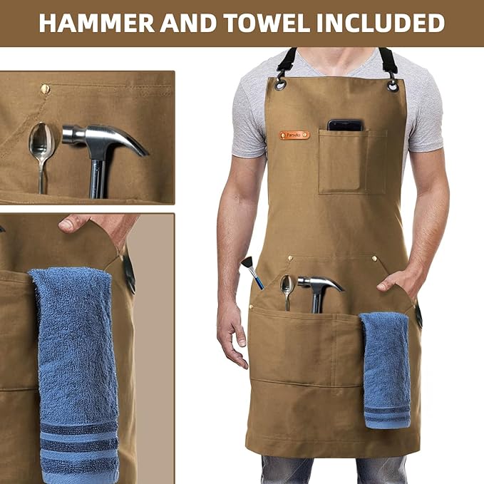 Professional Work Chef Apron for Men Women, Duty Water-Resistant Cotton Canvas, Durable Adjustable, Cooking BBQ