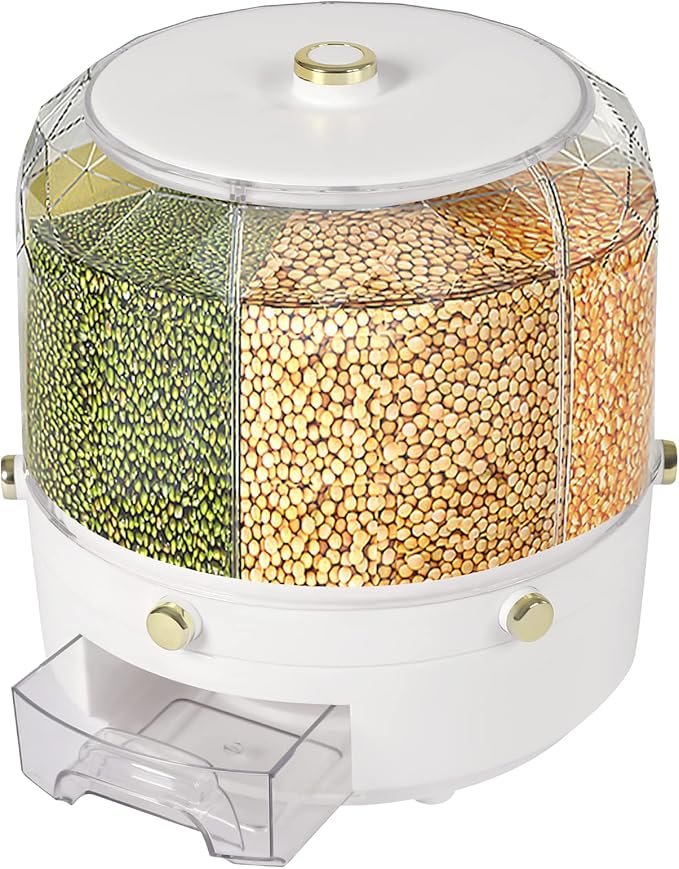 360° Rotating Grain Dispenser With 6 Grids, 13.2lbs Large Capacity Grain Dispenser Rotating Kitchen Storage Containers With Sealed Lid For Peanut Barley Millet And Cereal (White,Gold, 13.2 lbs)