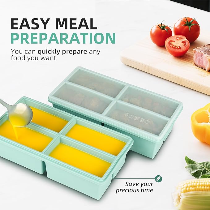 Silicone Freezer Trays with Lids - 1 cup soup freezer container large ice cube molds - with Reinforced Steel Ring Top, Silicone Freezer Containers, Freeze and Store Soups, Sauces, Leftovers-2 Packs