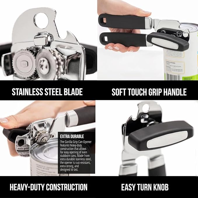 Can Opener Manual for Seniors Heavy Duty, Commercial Cans & Bottles Opener for Big Cans, Easy and Safety Can Opener for Kitchen and Camping, Built-In Magnet Lid Lifter, Black