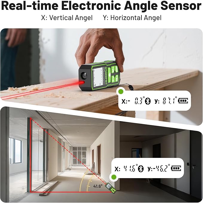 Huepar Laser Distance Measure 200Ft. Digital Rechargeable Laser Measuring Tool with Bluetooth -Phone APP, 1/16in Accuracy, Angle Sensor, M/in/Ft Unit, Pythagorean Mode, Measure Distance, Area, Volume