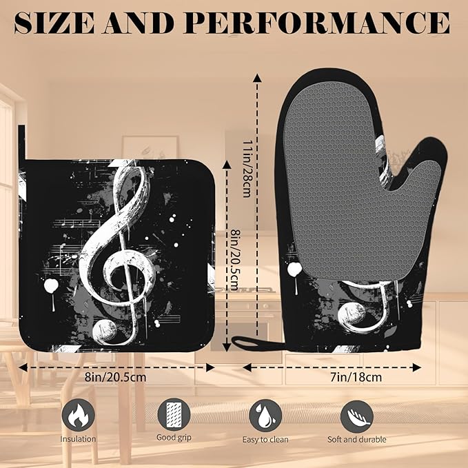 Black Notes Oven Mitts and Pot Holders Sets Non-Slip Silicone Surface for BBQ Gloves,Kitchen,Cooking,Baking,Grilling,BBQ