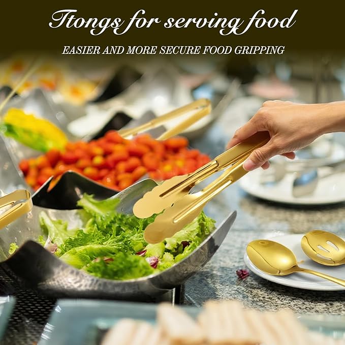 Mwellewm 17Pcs Serving Utensils, Gold Stainless Steel Serving Spoons, Slotted Spoon, Fork, Tongs, Cake Pie Server, Soup Spoon, Metal Buffet Banquet Cutlery Set for Parties Entertaining Catering