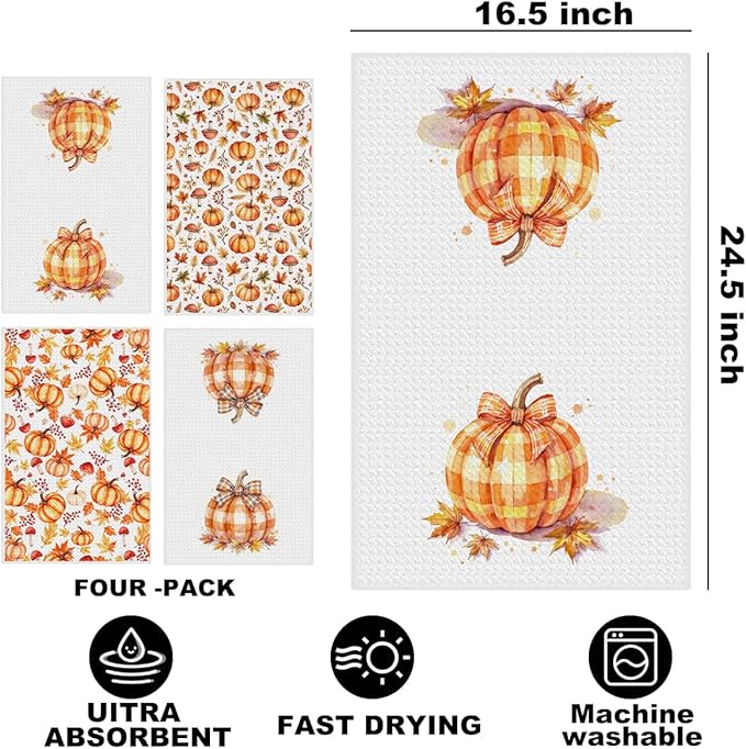 4 Pcs Fall Pumpkin Decor Kitchen Towels, Plaid Pumpkin Soft Absorbent Tea Hand Towel, Microfiber Dish Cloths for Drying Dishes, Waffle Dish Towels Fall Gifts for Kitchen Bathroom Home Decor