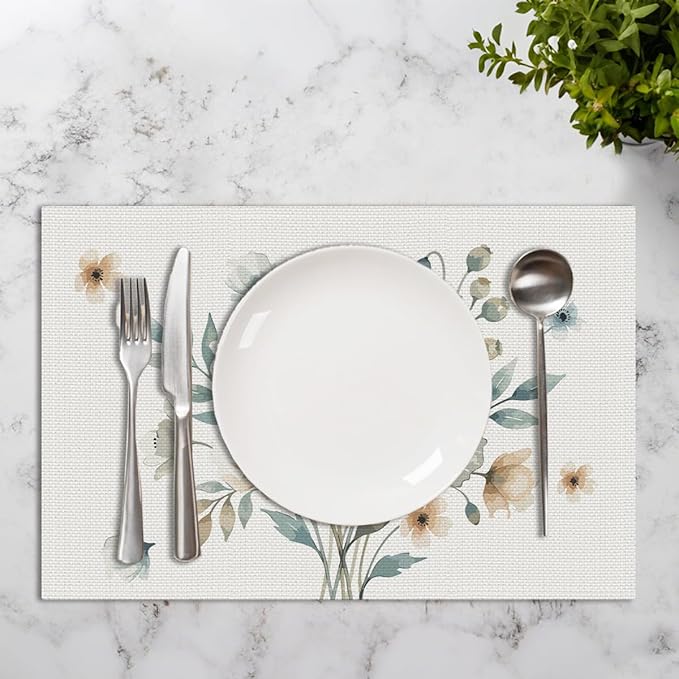 Neutral Poppy Floral Spring Placemats Set of 4, Wipeable Washable Non-Slip Heat Resistant Linen Fabric Rectangle Table Mats, Boho Minimalist Decor for Indoor Outdoor Party Kitchen Dining