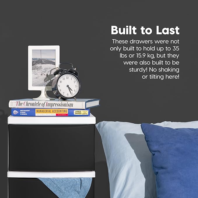 IRIS USA Plastic Drawer Storage Organizer, 4-Drawers, for Classroom Art Supplies Bathroom Dorm Bedroom Laundry Room, Slim Narrow, White Frame with Matte Black Front Panels