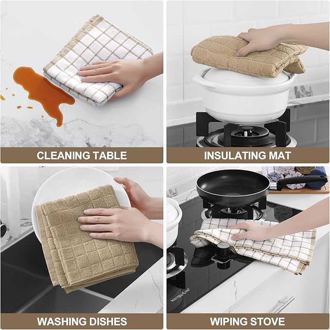 Homaxy Premium Cotton Kitchen Towels 16"x 28", Large Natural Ring Spun 390 GSM Dish Towels, Super Absorbent Terry Kitchen Hand Towels, Soft Tea Towels with Hanging Loop, Tan Check Design, 6 Pack