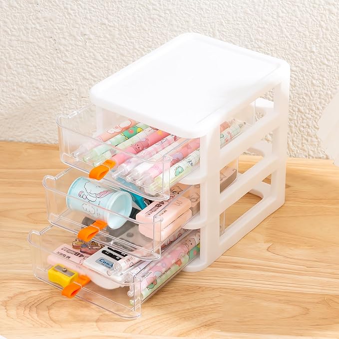 Gagee 4 Pack 3 Drawer Mini Desktop Unit,Plastic dressers with drawers for Arts and Crafts, Small Tools, Sewing Accessories, Stationary, and Hardware,Clear/White Frame