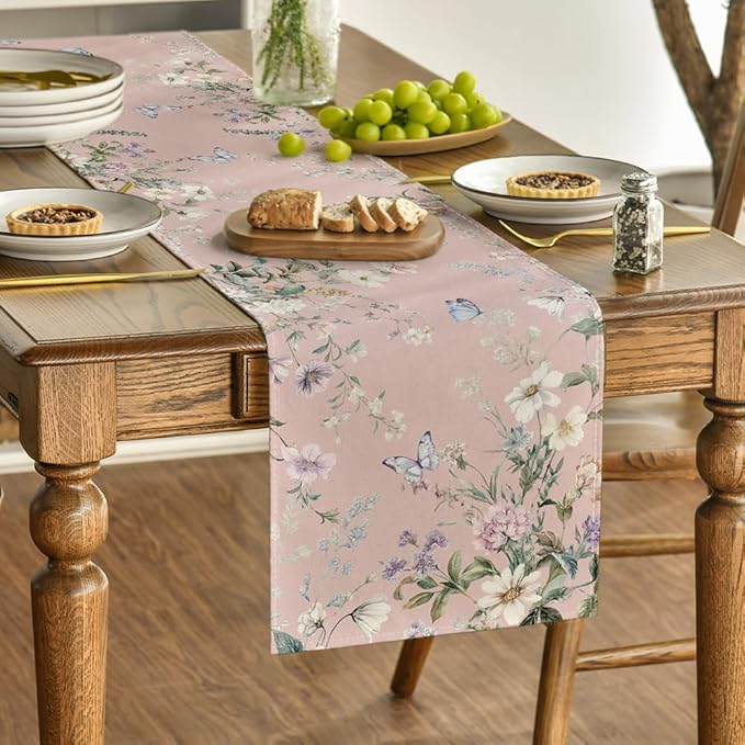 Artoid Mode Pink Floral Wildflower Leaf 210 GSM Spring Table Runner, Seasonal Summer Kitchen Dining Table Decoration for Home Party Decor 13x72 Inch