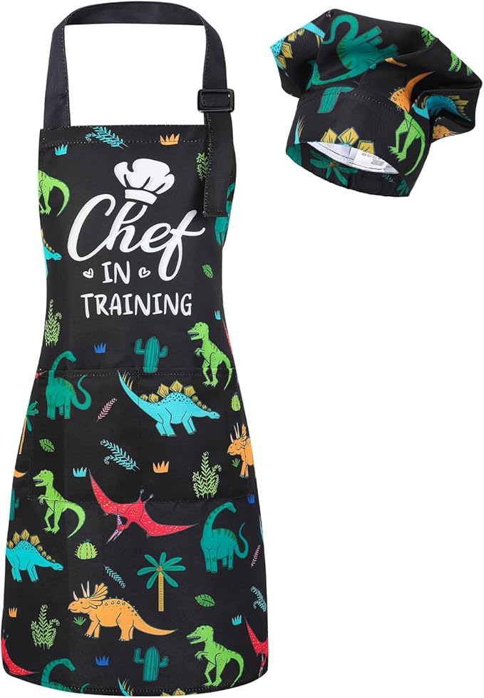 Kids Apron and Chef Hat Set, Funny Apron with 2 Pockets, Adjustable Kids Aprons for Cooking for Boys and Girls