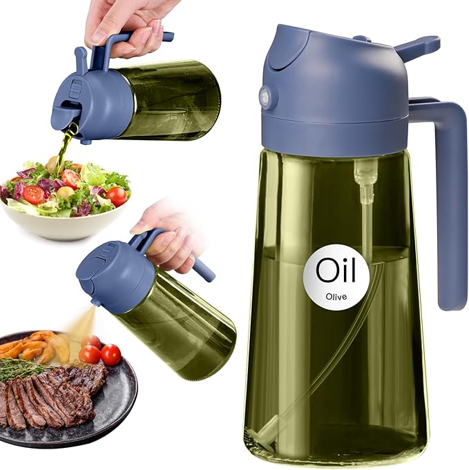 YARRAMATE 16oz/470ml Dark Green Oil Sprayer for Cooking with Stickers, Food-grade Premium 2 in 1 Olive Oil Dispenser Bottle for Kitchen Gadgets, Air Fryer, Salad, Frying, BBQ (Navy)