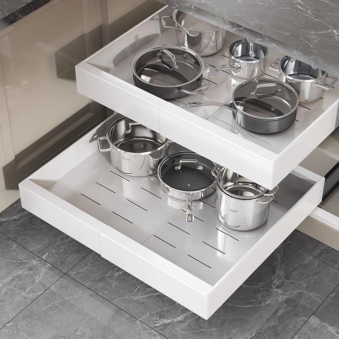 Seinloes 1 Pack Pull Out Cabinet Organizer 21" Deep,Full Extension 3 Slide Rails Slide Out Drawers With Raising Pad for Framed Cabinets,Expandable Width (12.3"-20.5"),No Drill Roll Out Shelves,White