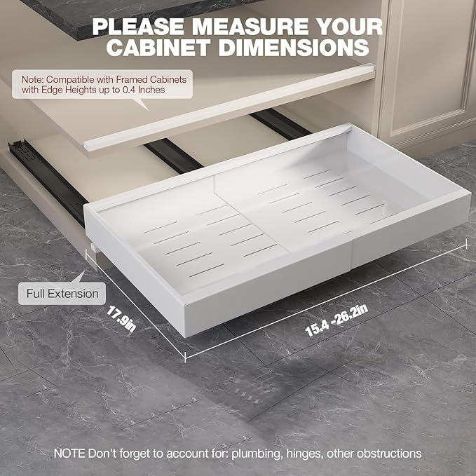 Seinloes 2 Pack Pull Out Cabinet Organizer 18" Deep,Full Extension 3 Slide Rails Slide Out Drawers With Raising Pad for Framed Cabinets,Expandable Width (15.4"-26.2"),No Drill Roll Out shelf,White