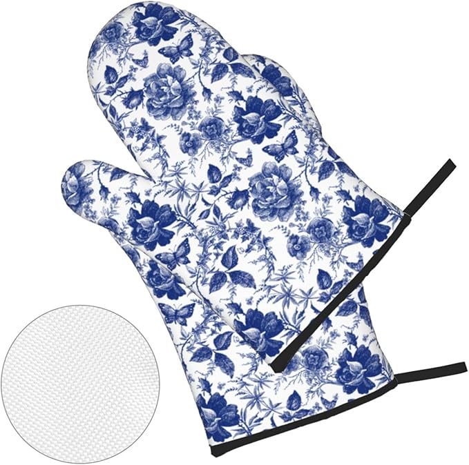 Blue and White Porcelain Floral Butterfly Oven Mitts and Pot Holders Set of 4,Vintage Chinoiserie Heat Resistant Non-Slip Potholders Oven Gloves and Pad for Kitchen Cooking Baking Grilling BBQ