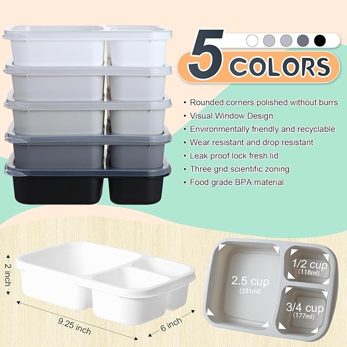 Honeydak 5 Pack Snack Containers 3 Compartment Bento Snack Boxes Divided Meal Prep Containers with Lids Reusable Adults Lunch Food Storage Box for School Work Travel(Black White)