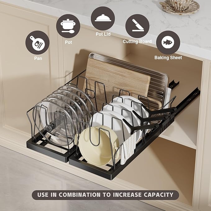 Magheo 2 Pack Pots and Pans Organizer Under Cabinet, 22" Deep Expandable Pull Out Pot Lid Organizer and Storage with 10 Adjustable Dividers No Drill Pot and Pan Holder Rack with Handle Bracket(Black)