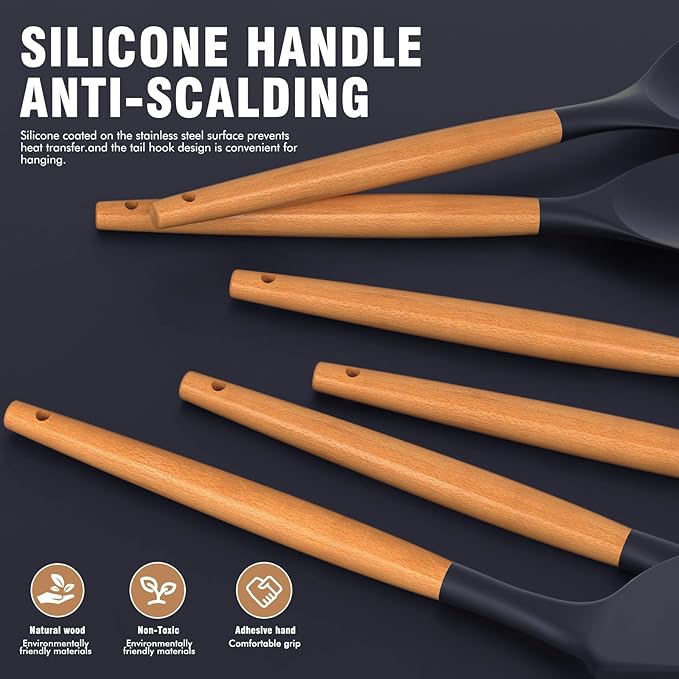Silicone Cooking Utensils Set - AVGPD Silicone Kitchen Utensils for Cooking Wooden Handles, 446°F Heat Resistant Kitchen Utensil Spatula Sets, Gadgets for Non-Stick Cookware BPA FREE (Navy Blue)